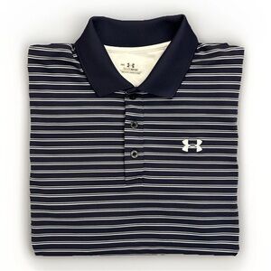 Under Armour Men's Polo Shirt Size M Heatgear Navy Striped Short Sleeves EUC